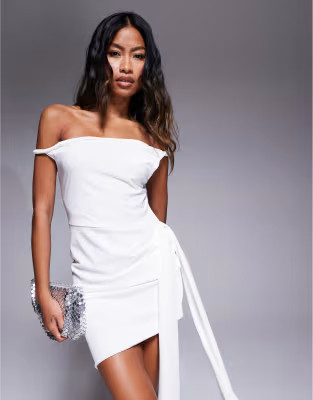 ASOS DESIGN twist off-shoulder mini dress with bow back detail skirt in ivory | ASOS (Global)