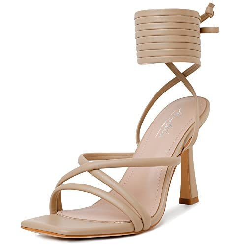 Mostrin Nude Strappy Heels for Women Lace Up Heels Tie Up Stiletto Heeled Sandals Square Open Toe High Heels for Prom, Party and Weddings Size 11.5 | Amazon (US)