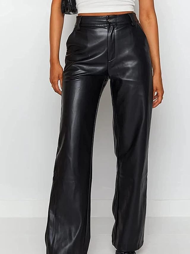 Faux leather Pants For Wimen, Solid High Waist And Straight Leg | Amazon (US)