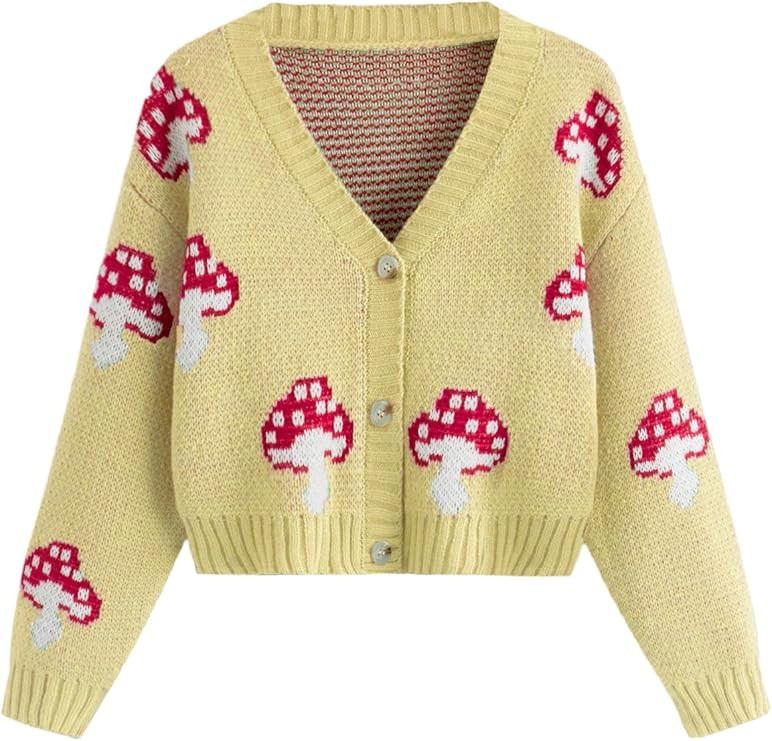 SweatyRocks Girl's Cute Graphic Print V Neck Sweater Button Down Knitted Cardigan Top | Amazon (US)
