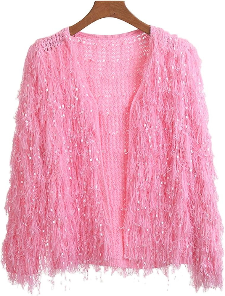 PUWEI Women's Shaggy Tassel Sequin Crochet Knit Loose Open Cardigan Jacket | Amazon (US)