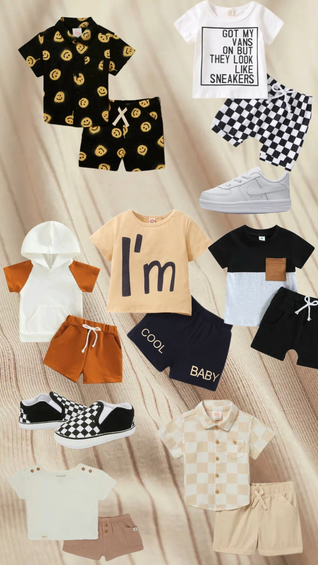 Baby Boy Style. Baby Fashion. Neutral baby clothes. Trending baby outfits. Baby boy fashion. Baby outfit inspo. Baby Nikes. Baby Air Force ones. 
Checkered baby outfit. Baby Vans. Smiley face outfit. 



#LTKunder50 #LTKstyletip #LTKbaby