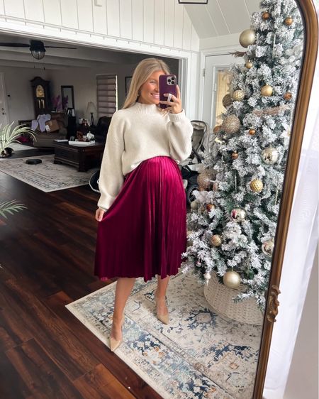 Holiday party outfit. Christmas party outfit. Midi skirt. Mock neck sweater. Cream sweater. Red skirt.

#LTKHoliday #LTKfindsunder100 #LTKparties