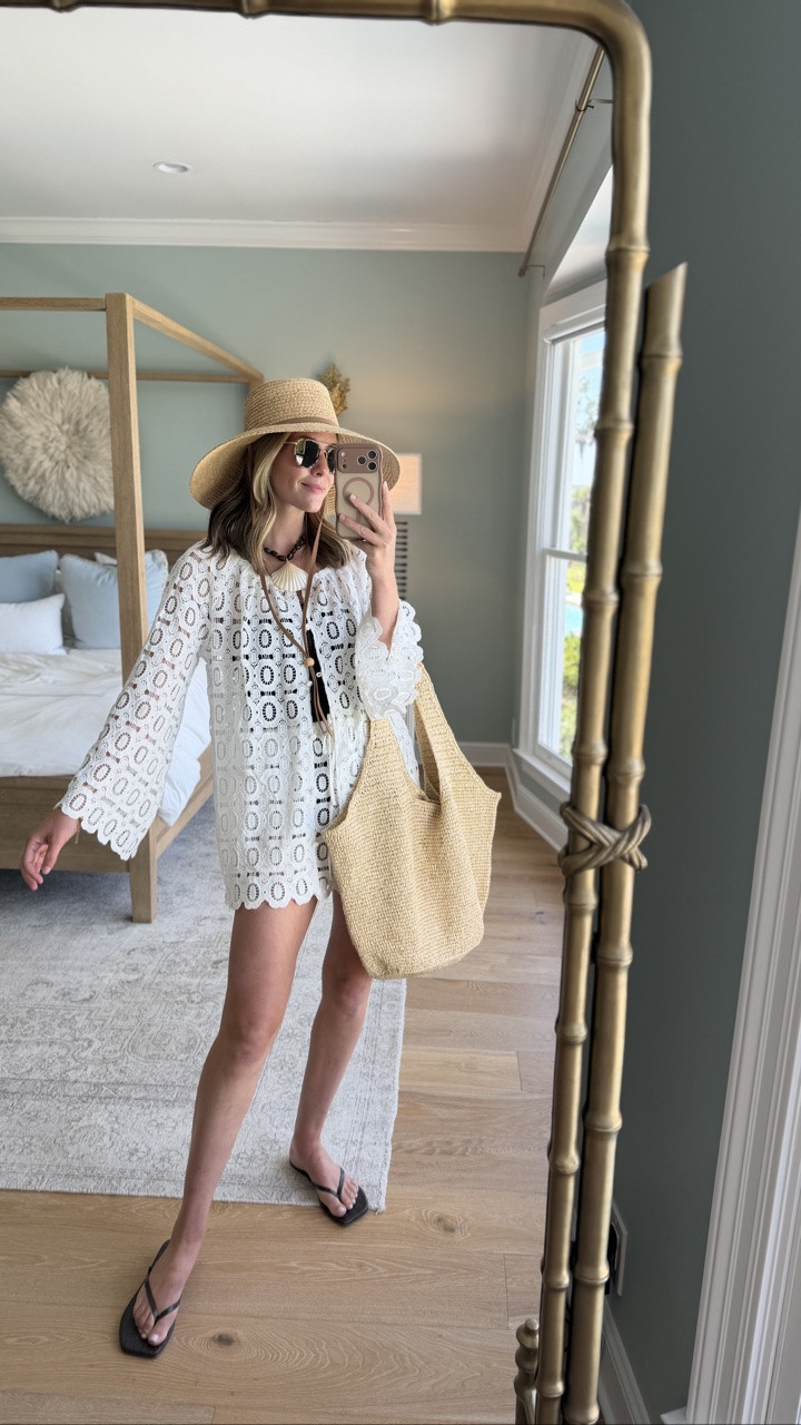 my favorite swim cover up is back in stock in all sizes! it’s the perfect elevated set to bring you from the pool to lunch. paired it over a favorite chocolate one piece! these square toe sandals are my favorite flip flops and this hat is one to love! wearing a size XS cover up!

#LTKSeasonal #LTKootd