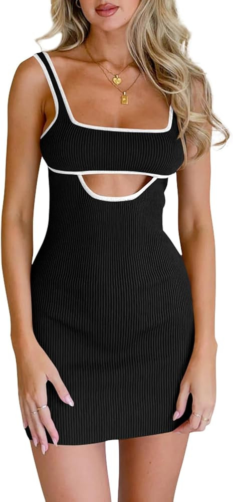 Fisoew Vestido de verano para mujer, de punto, acanalado, sin mangas, color de contraste, espalda... | Amazon (US)