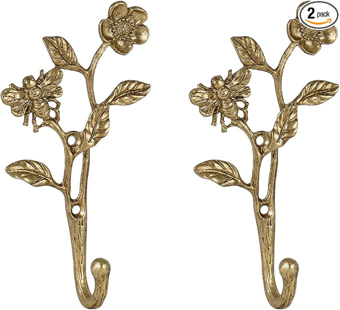 2pcs Metal Dark Gold Coat Hooks with 3D Bee & Flowers Shape, for Entryway, Bathroom, Bedroom Farm... | Amazon (US)