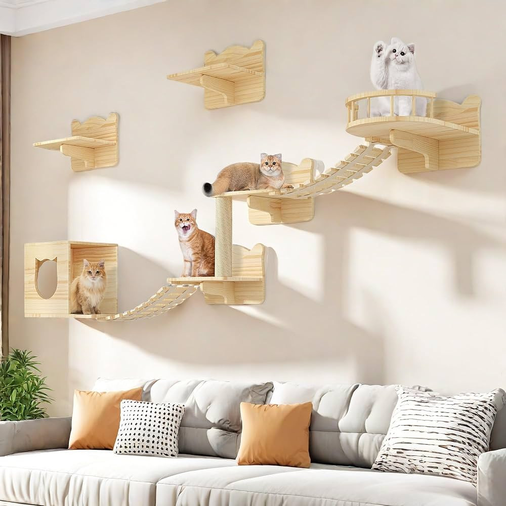 Cat Wall Shelves, Cat Shelves and Perches for Wall, Set of 9 Wooden Cats Shelf Furniture with Scr... | Amazon (US)