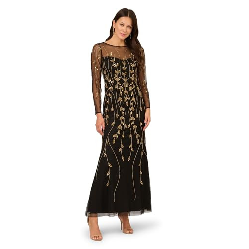Adrianna Papell Studio Women's Long Sleeve Beaded Dress, Black/Gold, 8 | Amazon (US)