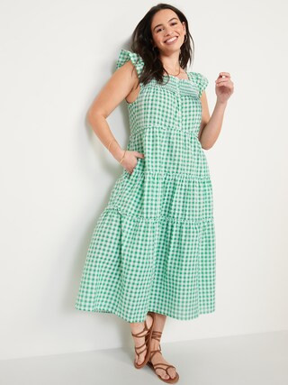 Flutter-Sleeve Printed Tiered Smocked Midi Swing Dress for Women | Old Navy (US)