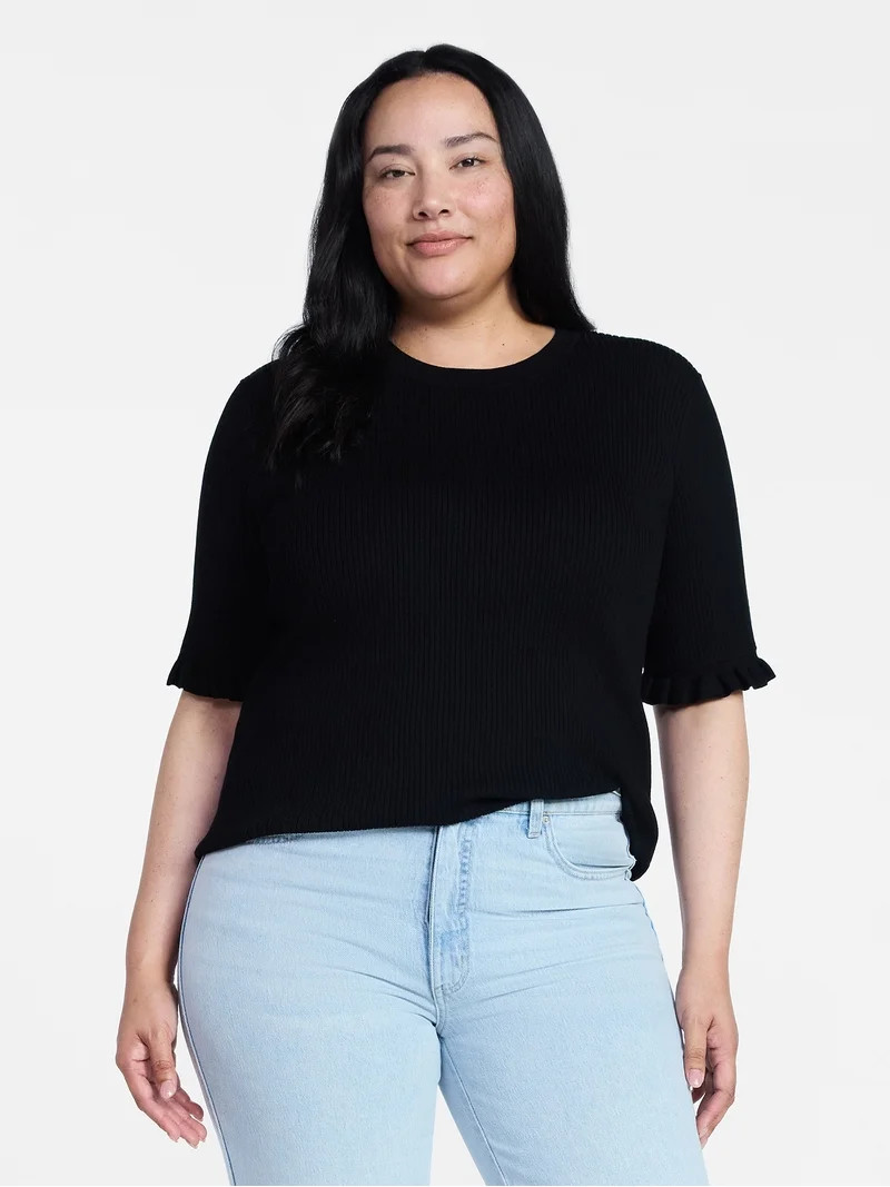 Time and Tru Women's Ribbed Sweater with Flounce Sleeves, Midweight, Sizes XS-XXXL | Walmart (US)