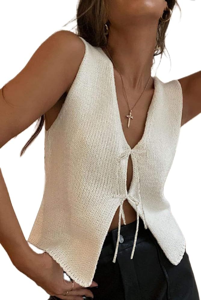 Women Y2k Crochet Vest Top Vintage Solid Color V Neck Sleeveless Front Tie Tops Going Out Tops | Amazon (US)