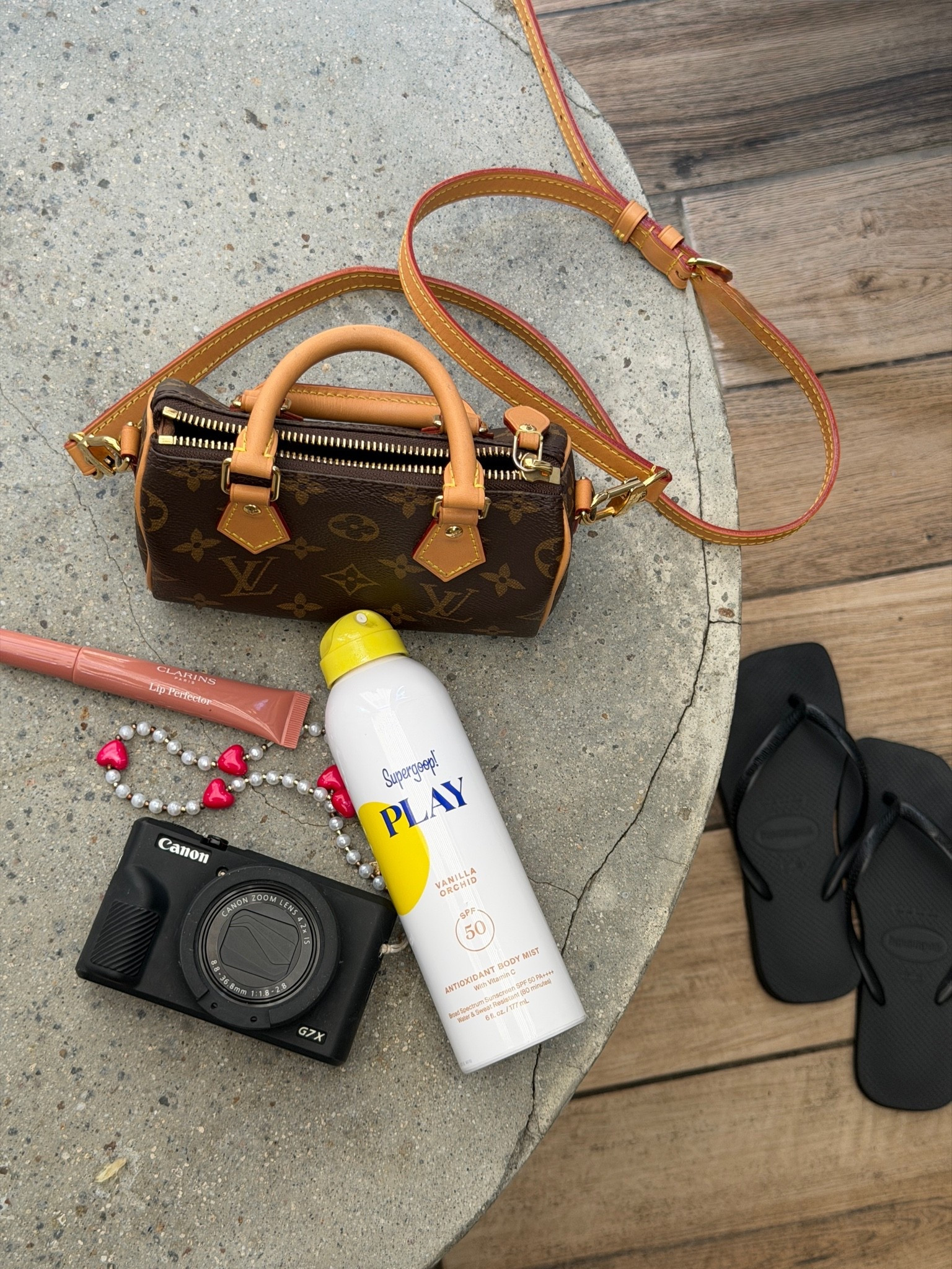 Pool day essentials 
Sunscreen 
Digital camera 
Lip gloss
Flip flops

#LTKdayinmylife #LTKSwim #LTKgrwm