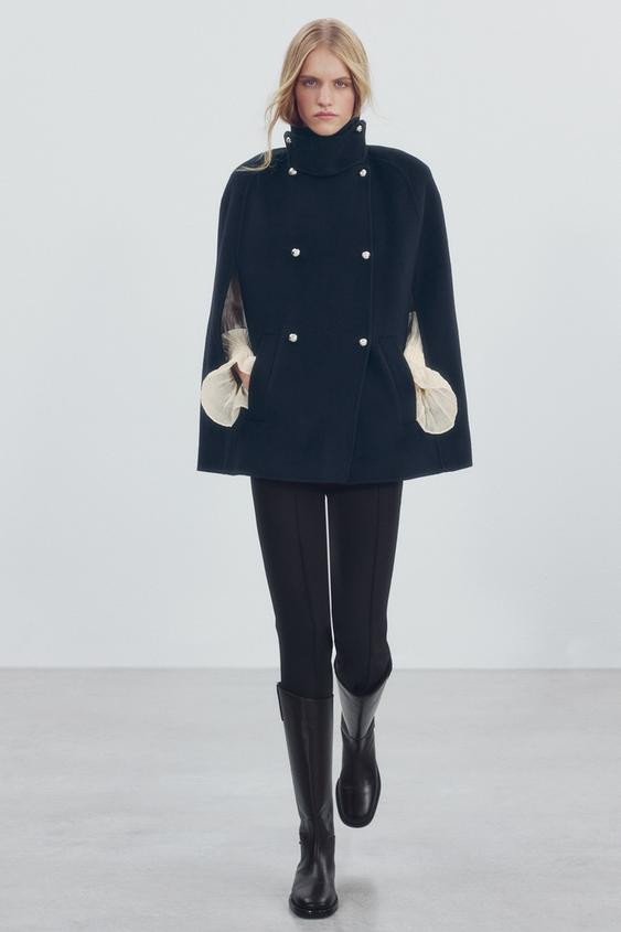 Zara - Zw Collection Wool Blend Button Cape - Dark Navy - L - Woman | Zara Canada