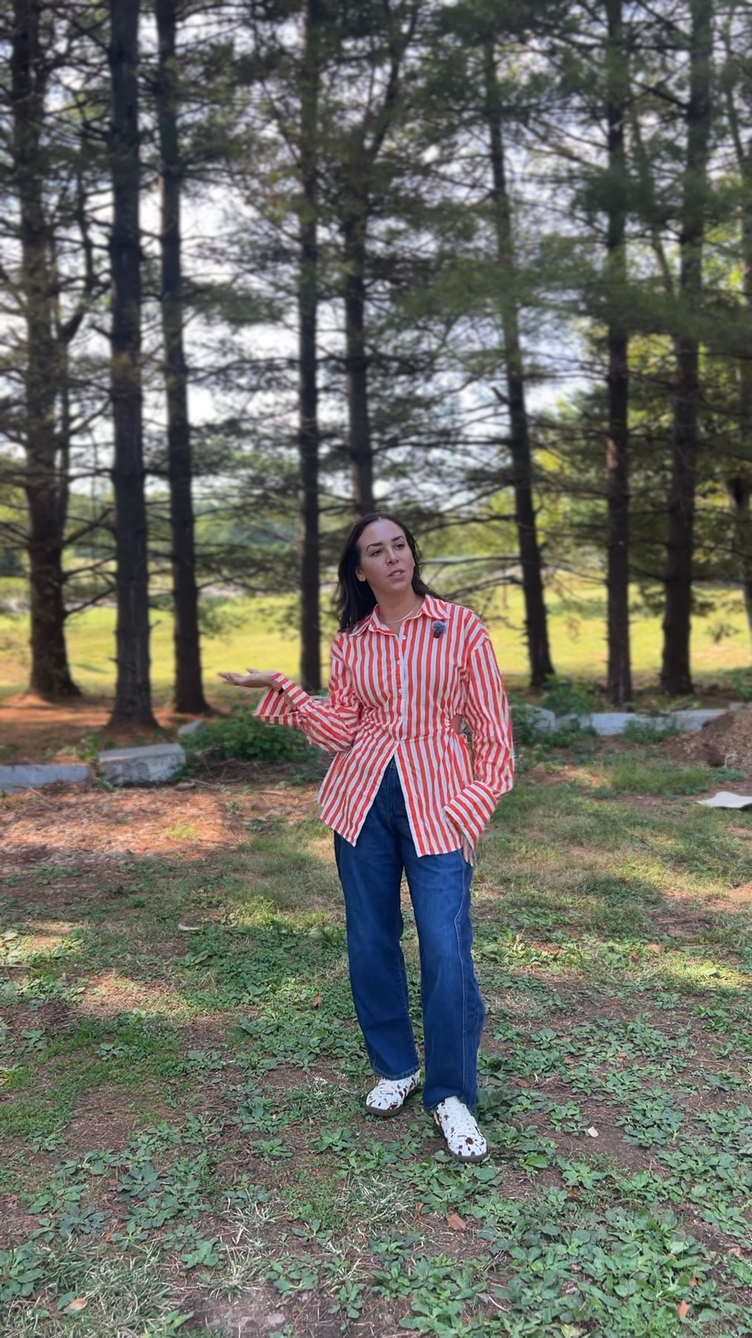 Fall outfit. Stripe top. Orange stripes. Barrel jeans. Jeans. Denim. Barrel leg jeans. Button down. Stripe button down. Simon miller. Striped top. Orange stripes. Simon miller. Wrangler. 

#LTKFindsUnder100 #LTKSeasonal #LTKShoeCrush