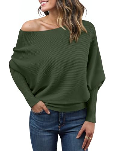 LILLUSORY Women Off The Shoulder Sweater 2025 Fall Fashion Outfit Long Batwing Sleeve Oversized Lightweight Cozy Knit Pullover Cute Teen Going Out Tops Casual Cashmere Trendy Ladies Clothes Green S | Amazon (US)