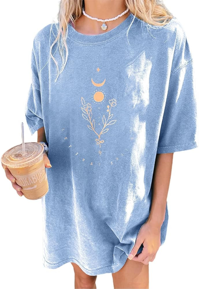 Remidoo Women's Casual Crewneck Short Sleeve Oversized T Shirt Rainbow Graphic Tees | Amazon (US)