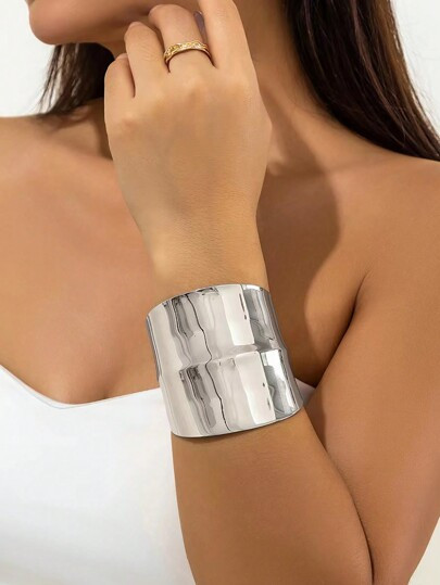 1pc Smooth Metal Open Cuff Bracelet, Unisex Punk Style, Retro Oversized Street Fashion Adjustable... | SHEIN