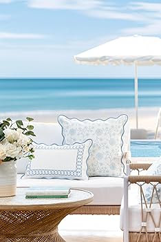 Hofdeco Premium Coastal Patio Indoor Outdoor Scalloped Lumbar Pillow Cover Only, 12"x20" Water Re... | Amazon (US)