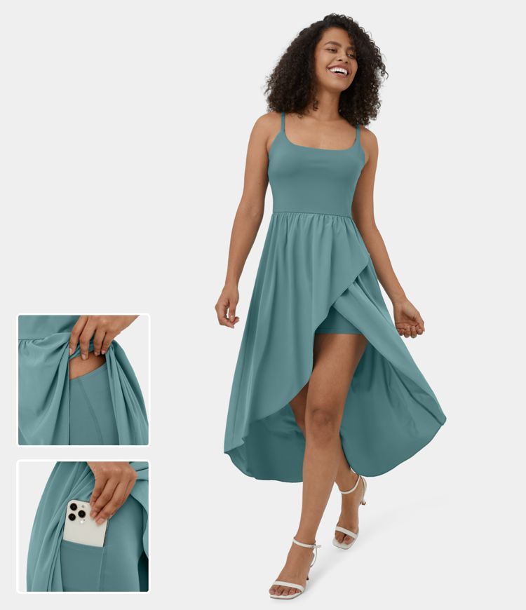 Breezeful™ Backless High Low 2-Piece Side Pocket Flowy Midi Quick Dry Casual Dress | HALARA