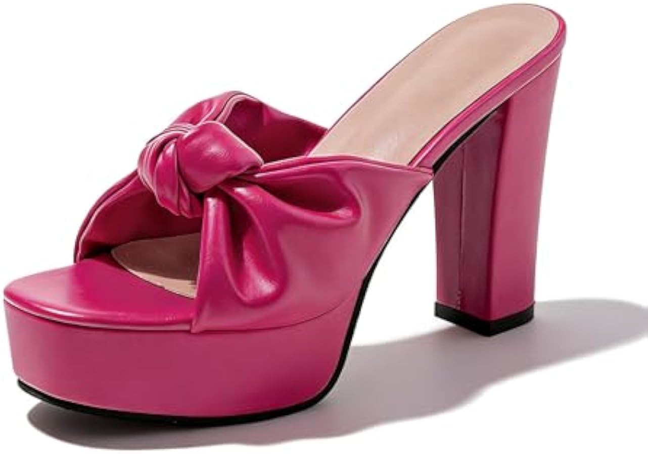 Women'S PU knot Platform Chunky Heel Mule Slides Sexy Square Open Toe Strappy Slip On Block High ... | Amazon (US)