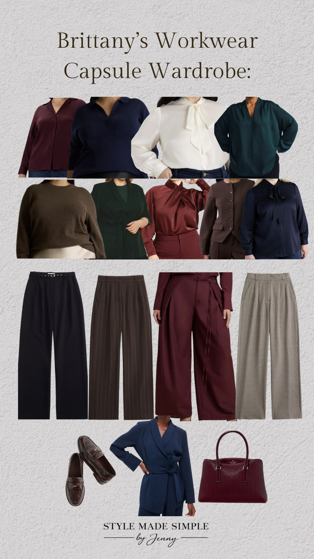 Plus size workwear that feels polished, powerful AND comfortable.

I created this 15-piece workwear capsule wardrobe for a client stepping into a director-level role who wanted to look chic and put together without feeling overly feminine, fussy or uncomfortable.

Every piece was intentionally chosen to mix + match for an effortless professional wardrobe.

15 pieces. 15 complete work outfits. One wardrobe built specifically for her body, career + lifestyle.

Want me to build yours? Book your custom workwear capsule wardrobe at stylemadesimplebyjenny.com.

Plus size workwear | plus size work outfits | plus size capsule wardrobe | workwear capsule wardrobe | business casual outfits | professional work outfits | plus size trousers | wide leg work pants | women’s blazers | workwear pants | office outfits | corporate style | business casual workwear | plus size workwear pants, wide leg trousers, tailored blazers, polished blouses, work sweaters, comfortable loafers and elevated work bags in rich burgundy, navy, chocolate and deep green 

 #LTKPlusSize #LTKWorkwear