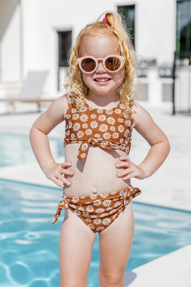Day In The Sun Girl's Brown Daisy Knotted Bikini Top | Pink Lily