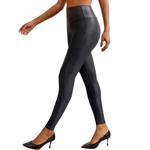 APWKL Faux Leather Leggings for Women High Waisted Leather Pants Stretch Tummy Control Black Elastic Pleather Tights | Amazon (US)