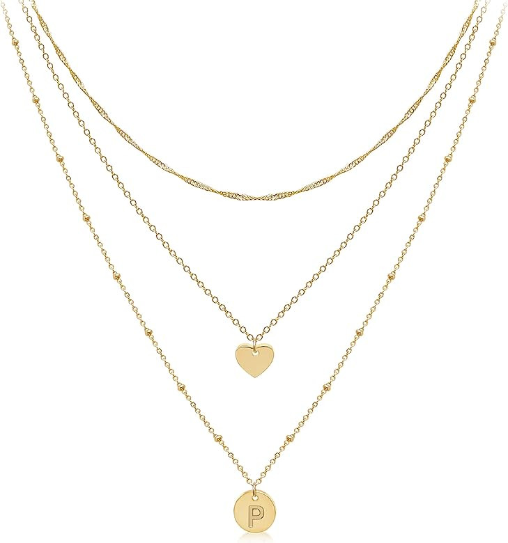 Dainty Layered Initial Choker Necklaces Handmade 14K Gold Plated Tiny Heart Personalized Letter D... | Amazon (US)