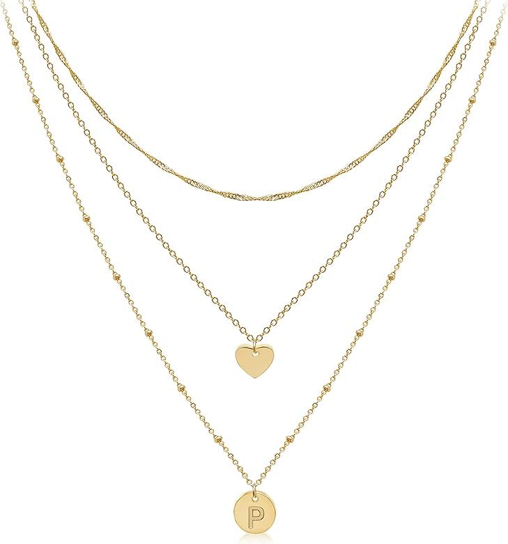 Dainty Layered Initial Choker Necklaces Handmade 14K Gold Plated Tiny Heart Personalized Letter D... | Amazon (US)
