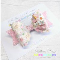 Pink floral unicorn hair bow clip, little girls unicorn birthday gift, photo prop, glitter hair bow, | Etsy (US)