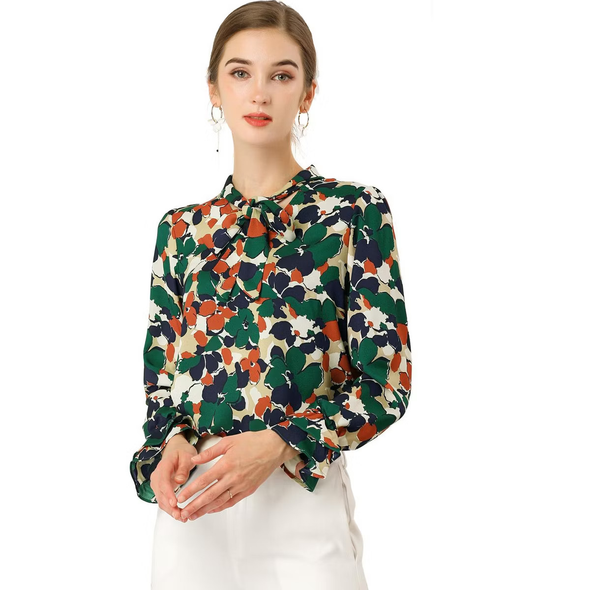 Allegra K Women's Floral Tie V Neck Blouse Chiffon Ruffle Trumpet Sleeve Shirt | Target