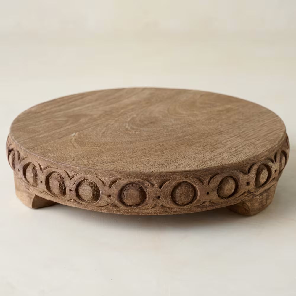 Antiqued Carved Wood Round Riser | Magnolia