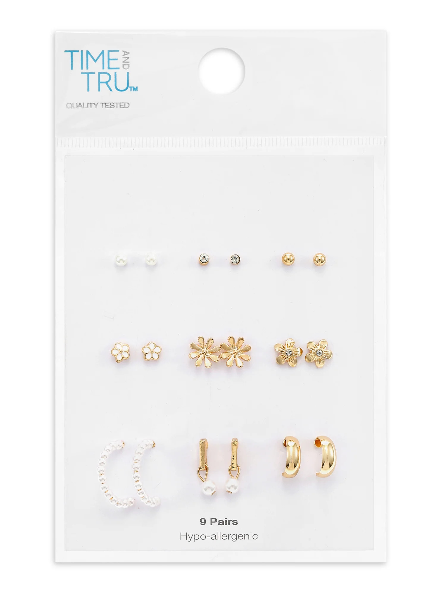 Time and Tru Womens Gold Mini Stud and Hoop Earring Collection, Flower Motif, 9 Pairs | Walmart (US)