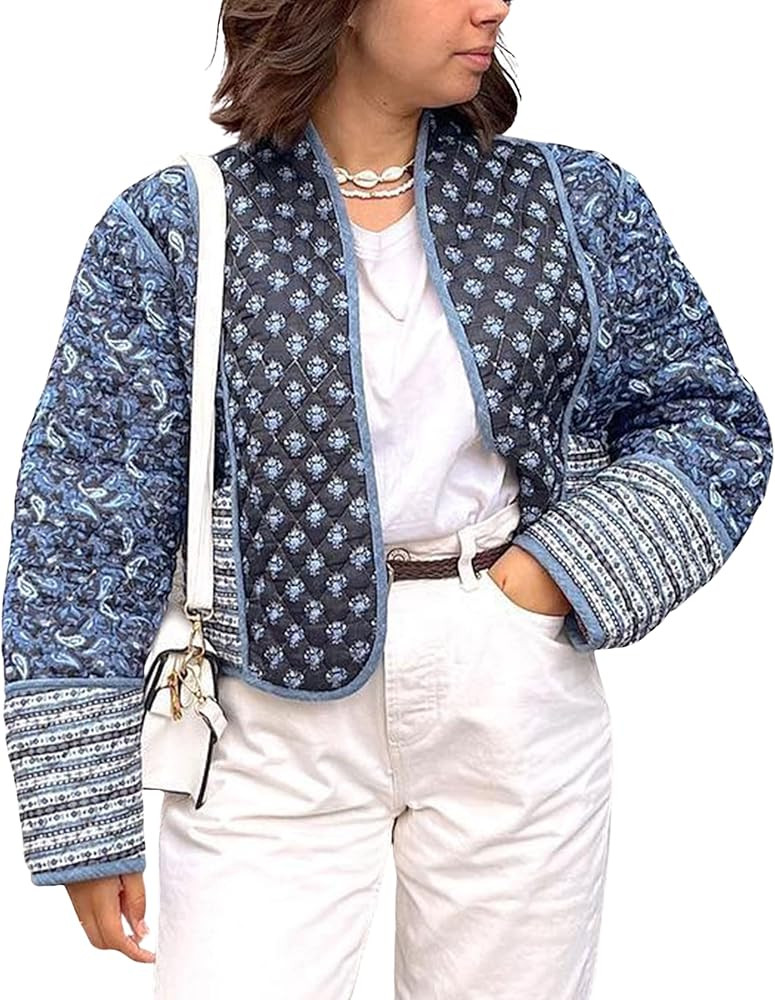 Omoone Women's Cropped Floral Quilted Jacket Cardigan Printed Lightweight Open Front Padded Puffe... | Amazon (US)