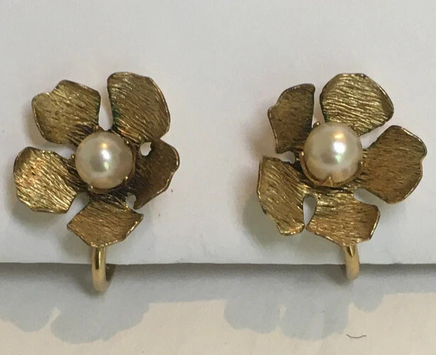 12K Gold Filled Flower 5mm Pearl Earrings Signed TK Vintage | eBay US
