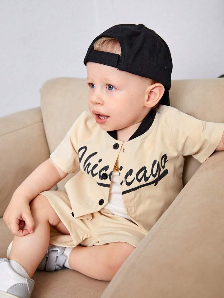 Baby Boy Letter Graphic Baseball Collar Shirt & Shorts With Tee | SHEIN