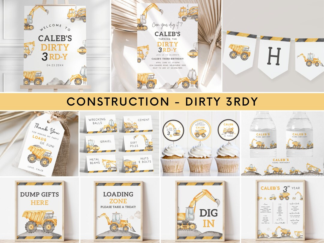 Dirty 3rdy Construction Birthday Invitation Bundle, Editable Template, Construction Truck 3rd B'd... | Etsy (US)