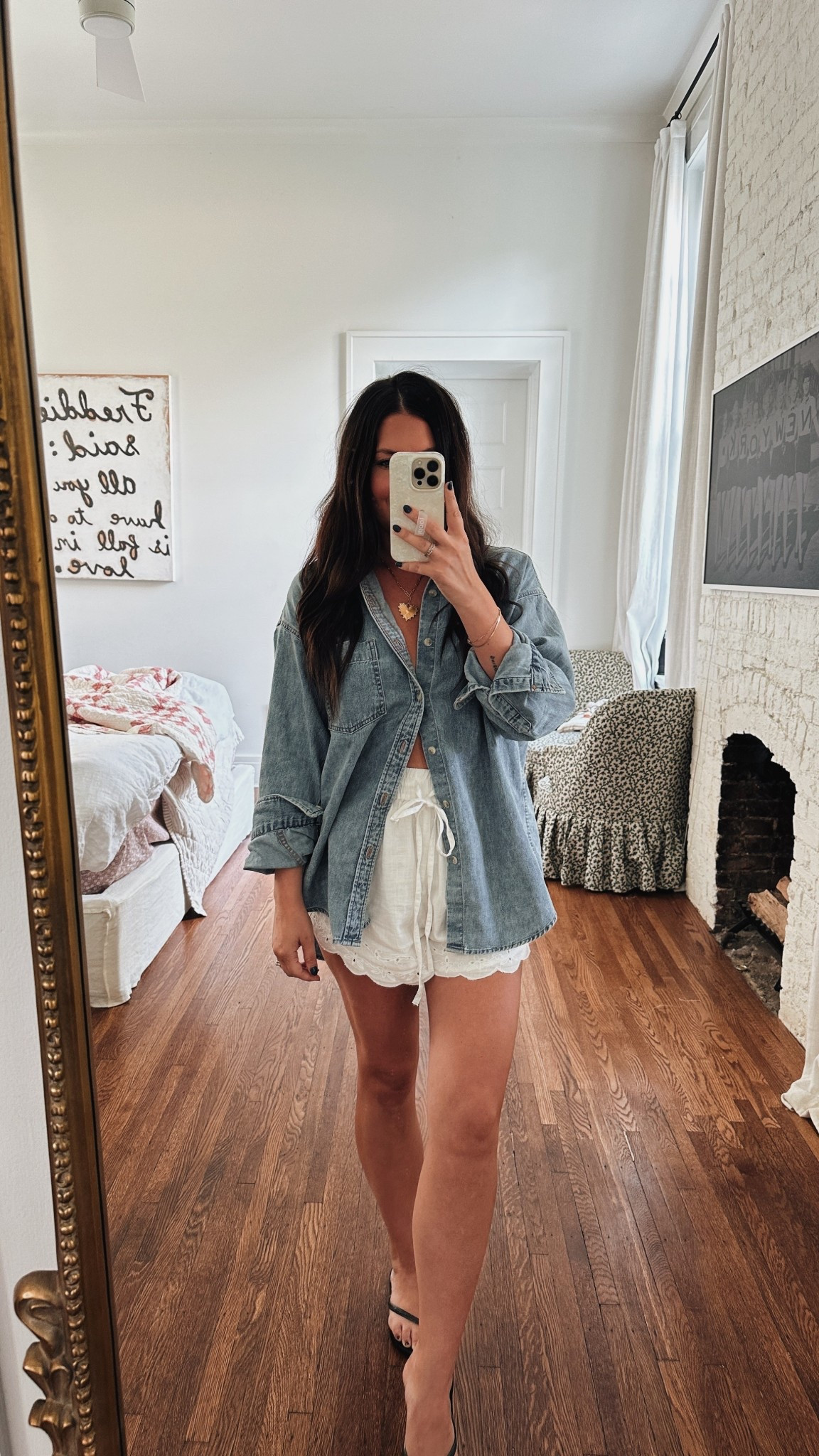 Denim oversized shirt paired with white eyelet shorts 🤍

#LTKStyleTip #LTKSeasonal