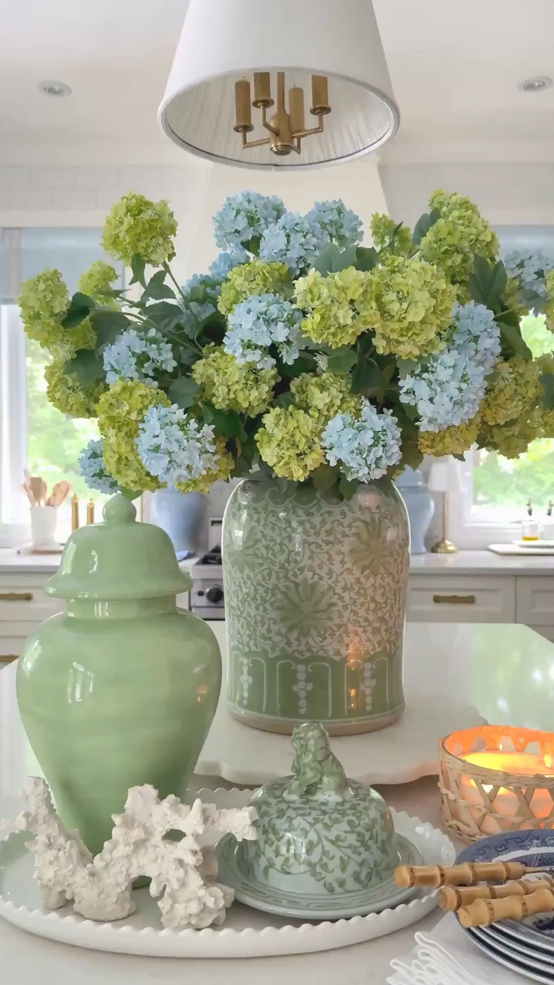Summer kitchen home decor and styling - I added some blue snowball hydrangeas to this greenhouse ages arrangement and love it! 💙💚🩵 #LTKstyletip #LTKsummer

Chic home, chic decor, home finds, home decor, summer decor, summer home

#LTKSeasonal #LTKHome