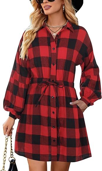 Blooming Jelly Womens Plaid Dress Flannel Puff Sleeve Dress Button Down Casual Dresses for Women ... | Amazon (US)