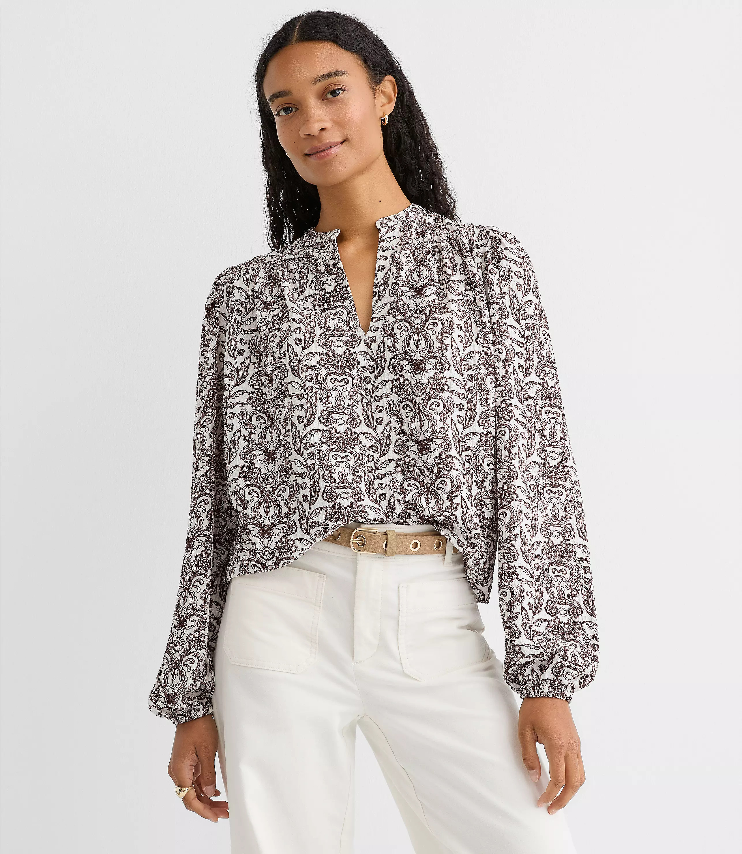 Lace Garden Crinkle Knit Split Neck Blouse | LOFT