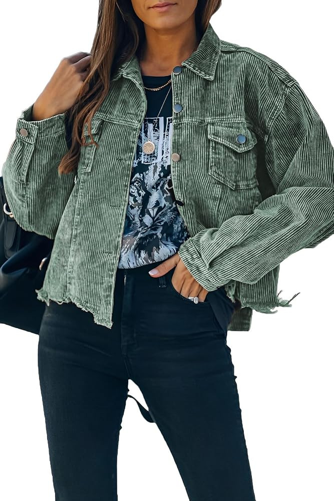 Womens Cropped Corduroy Jacket Fall Casual Button Down Shacket | Amazon (US)