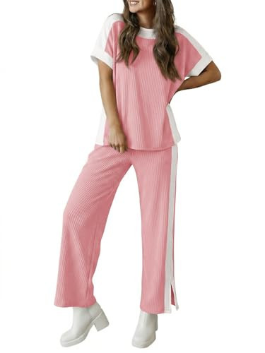 Fisoew Womens 2 Piece Lounge Sets Summer Textured Short Sleeve Tops Wide Leg Pants Casual Loose Travel Outfits Tracksuit | Amazon (US)