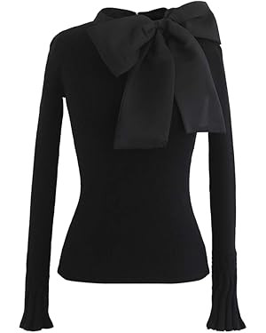 CHICWISH Women Bow Tied Long Sleeve Knit Top Mock Neck Slim Fitted Elegant Blouses Top Solid Wrap... | Amazon (US)