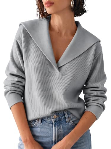 Cicy Bell Womens Pullover Sweaters Lapel Collar V Neck Long Sleeve Sweater | Amazon (US)