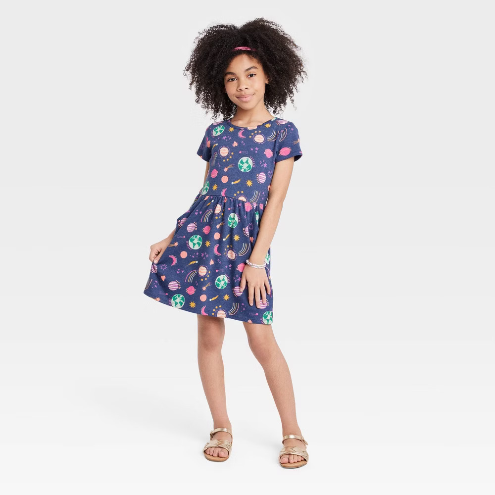 Girls' Printed Short Sleeve Knit Dress - Cat & Jack Navy S, Blue | Target