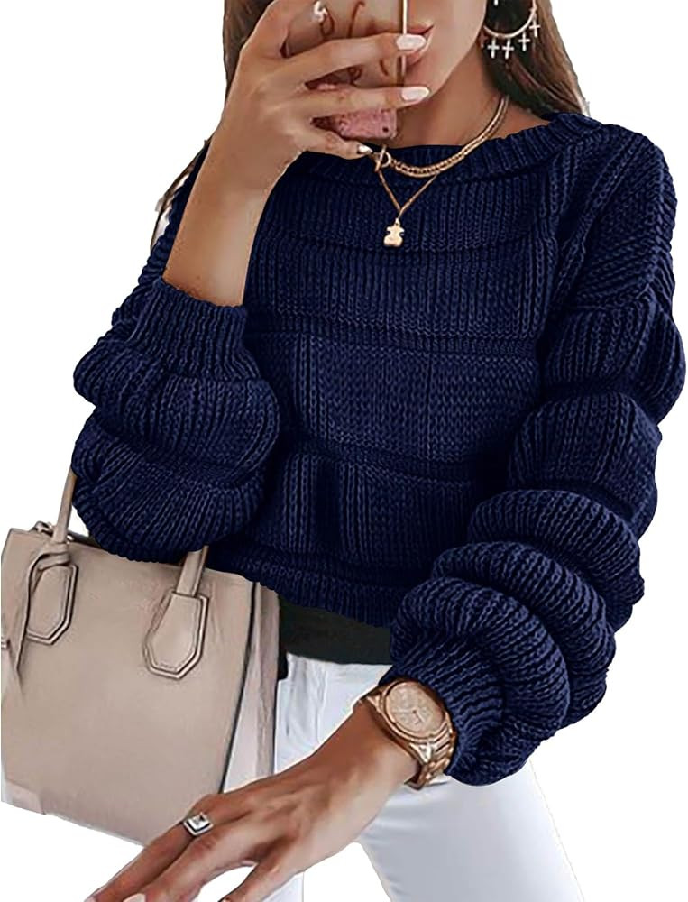 Sexyshine Women's Lantern Long Sleeve Crew Neck Pullover Sweater Puff Sleeve Chunky Knitted Casua... | Amazon (US)