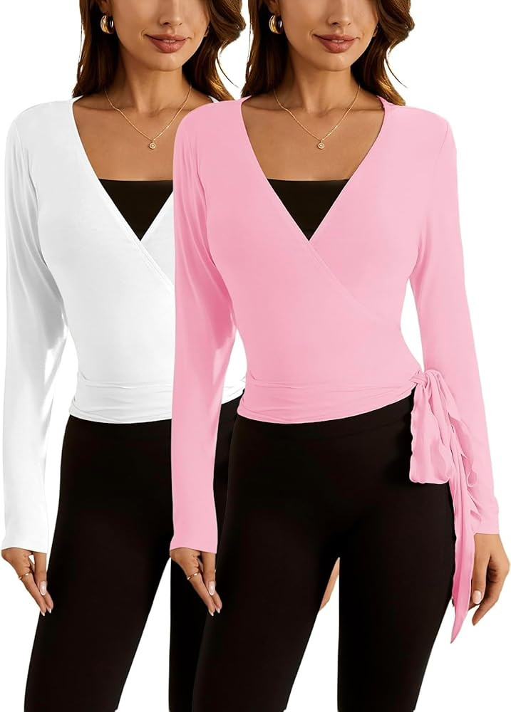 SweatyRocks Women's Pilates Outfits Wrap Tops Ballet Yoga Coquette Shirt Cute Long Sleeve Workout... | Amazon (US)