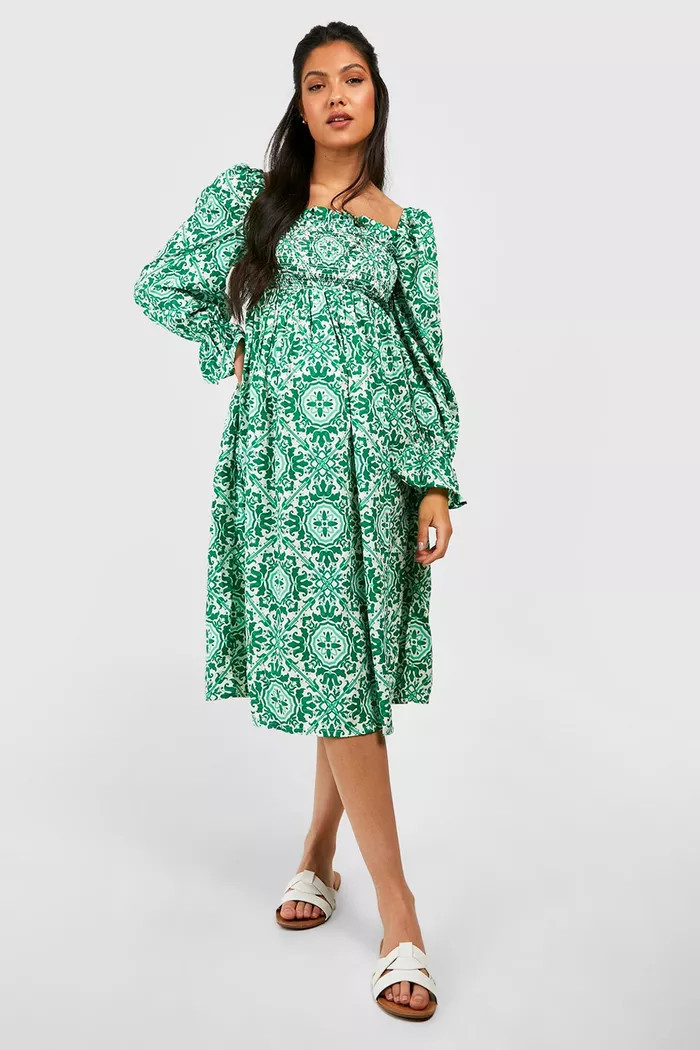 Maternity Shirred Detail Long Sleeve Midi Dress | boohoo (US & Canada)