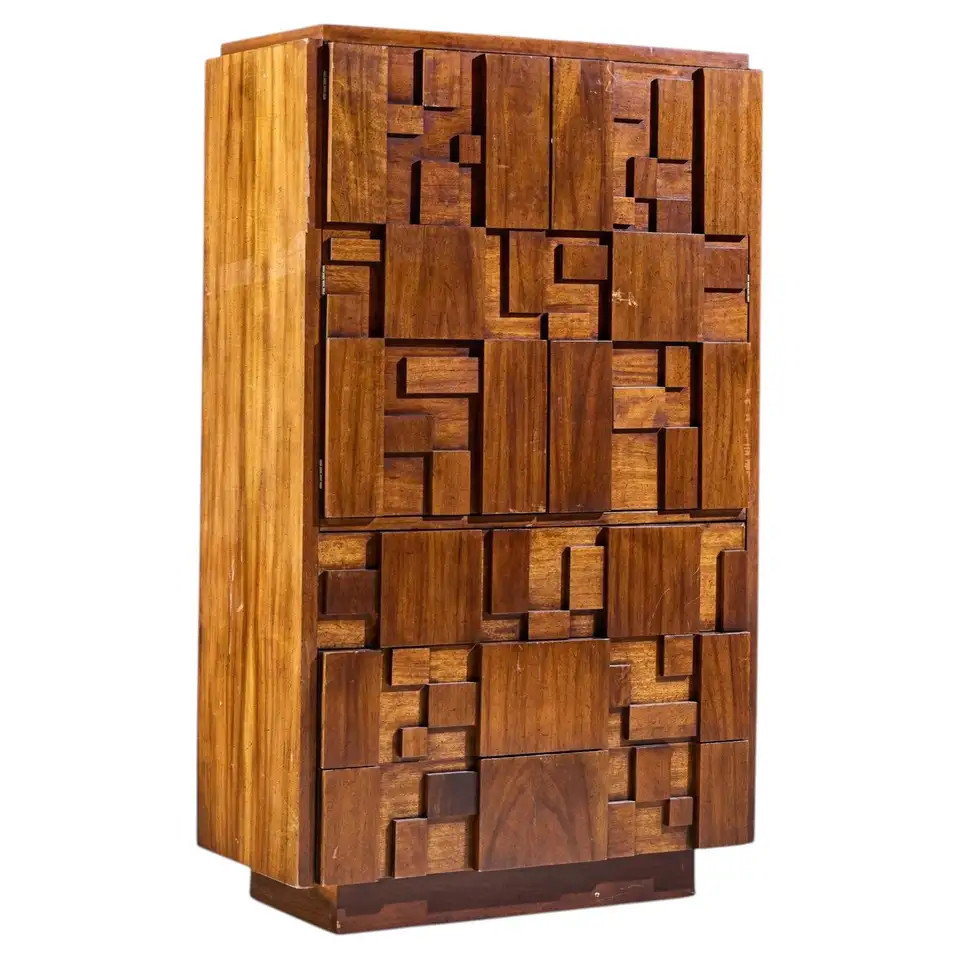 Lane Staccato Brutalist Mid Century Walnut Highboy Armoire Dresser | 1stDibs